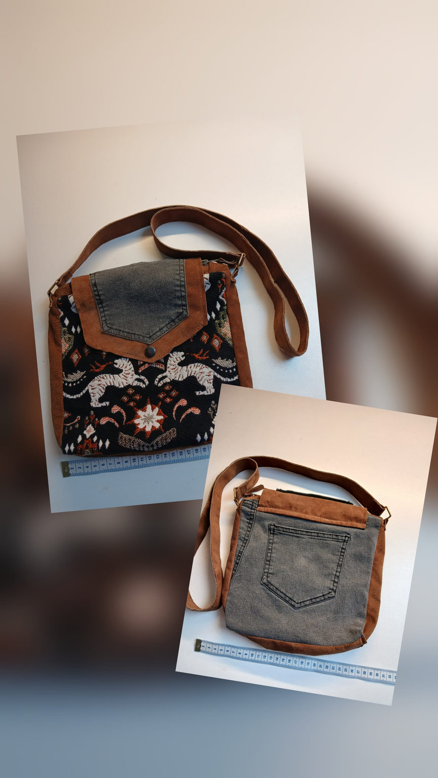 Tas met dierprint en denim — voor en achter