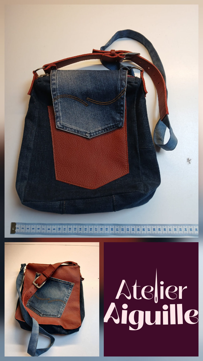 Denim met rood leer en Atelier Aiguille label — collage