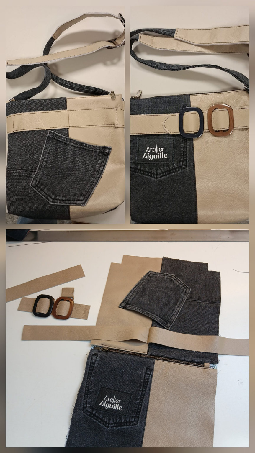 Atelier Aiguille label op denim en leren tas