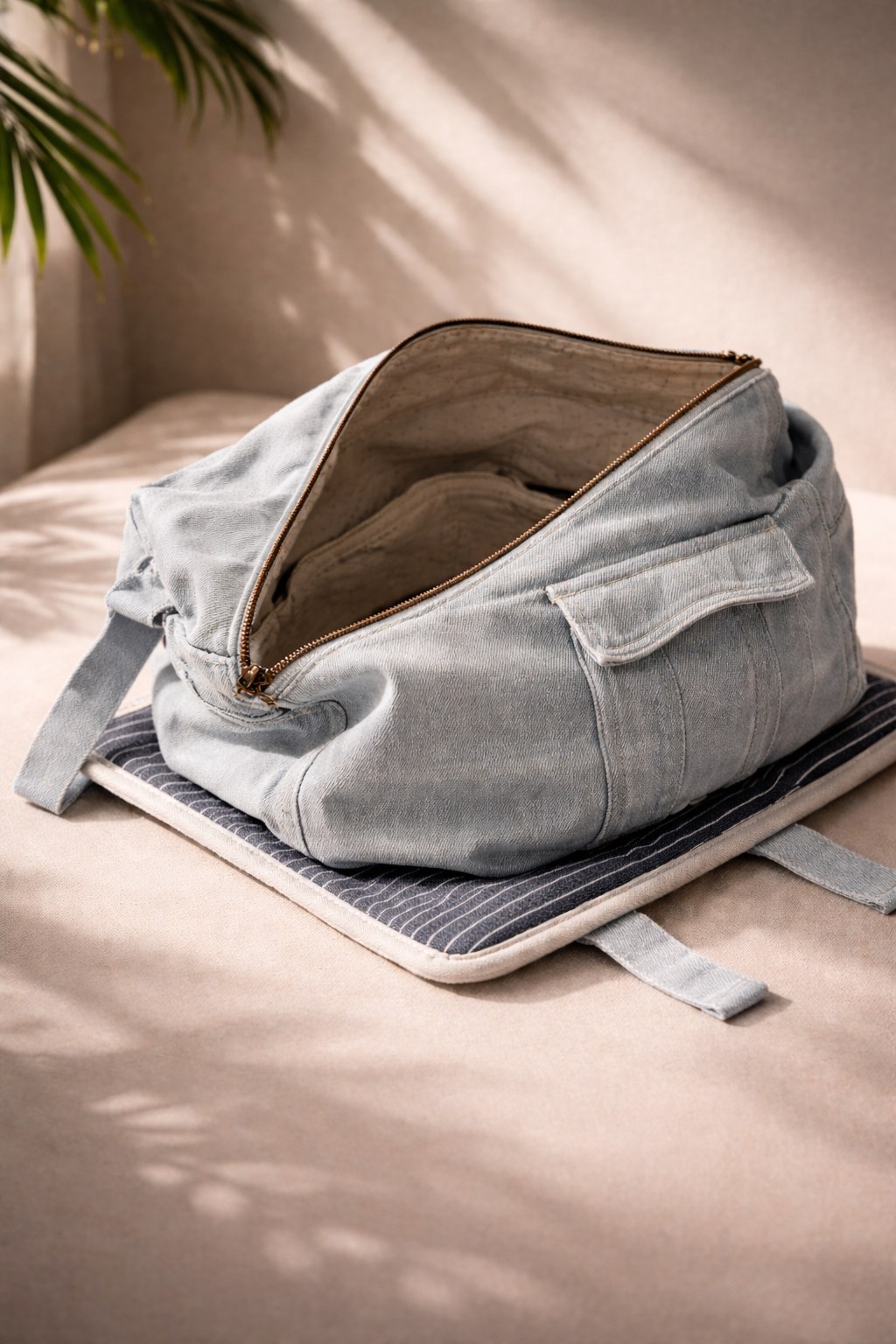 Denim tas — open en in zacht licht
